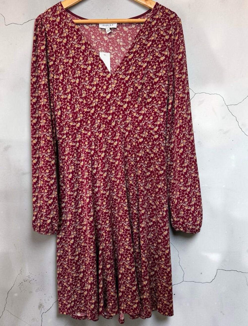 NWT Gilli Women's Burgundy Floral V-Neck Puff Sleeve Dress Size L Cottagecore